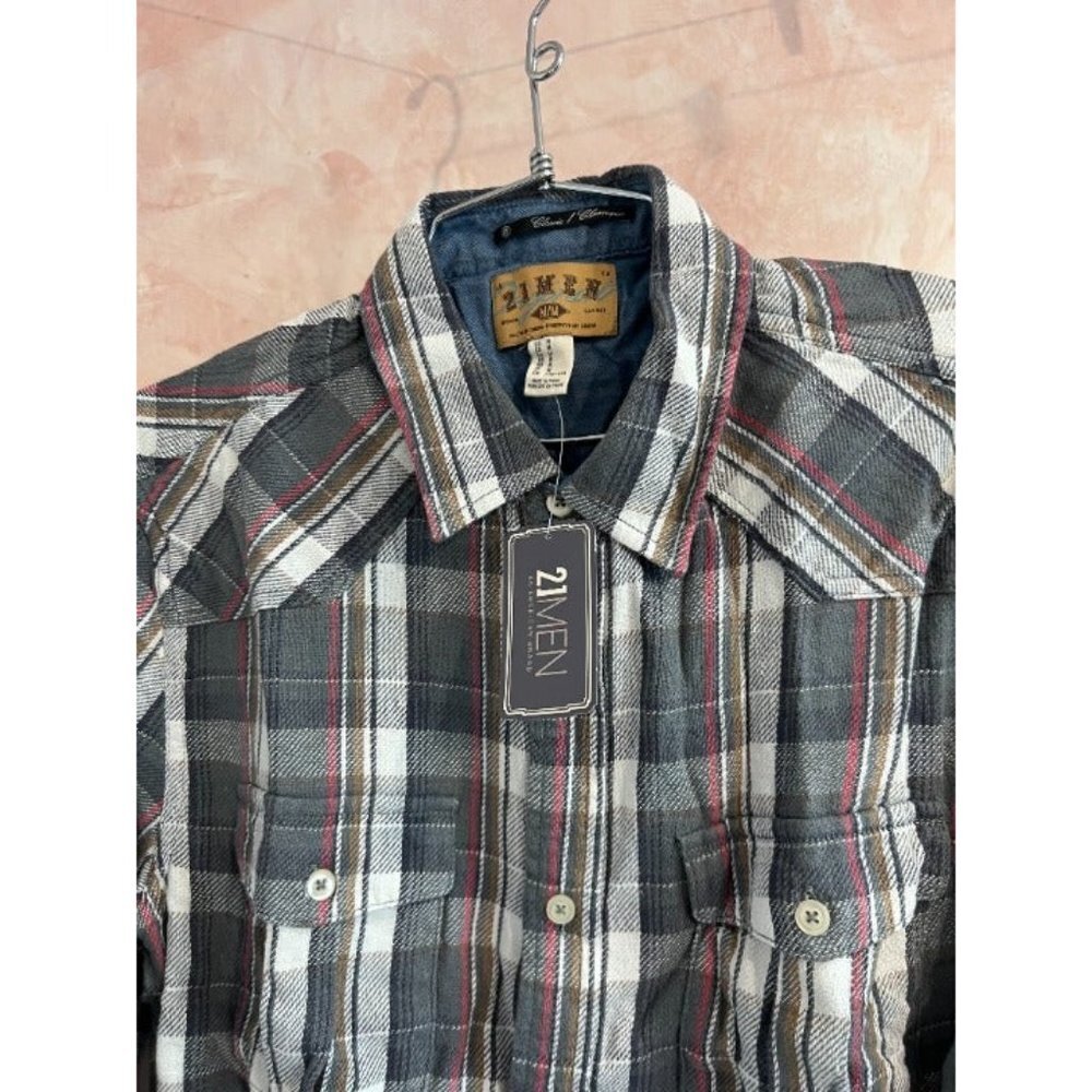 21 MEN an american brand ‎ woven front button shirt  olive grey men size S